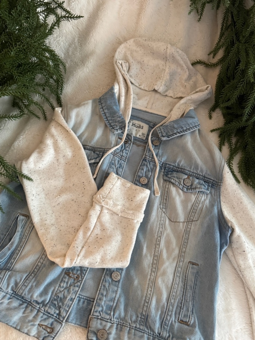 Mudd Light Blue Denim Jacket with Cream Speckled Hoodie
